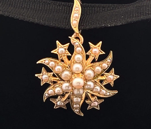 Antique 15ct Gold Natural Split Pearl Star Pendant Circa 1900. Smaller Sweet Size. (Chain Not Included)