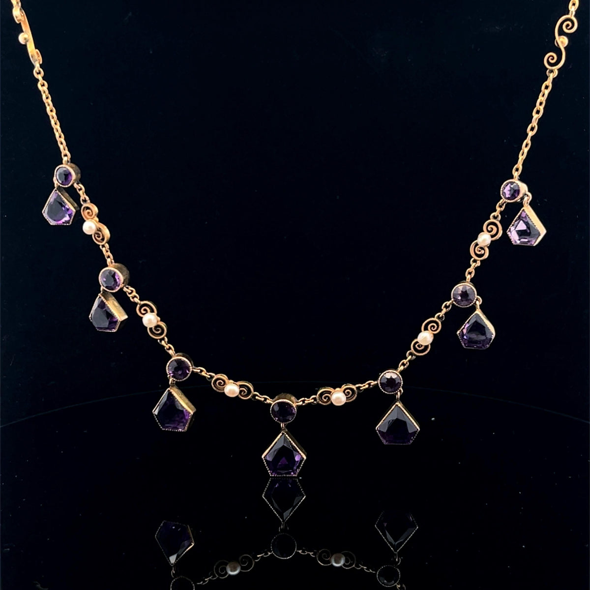 Stunning Antique 15ct Gold, Amethyst and Pearl Necklace English C.1900. Unusual Design.