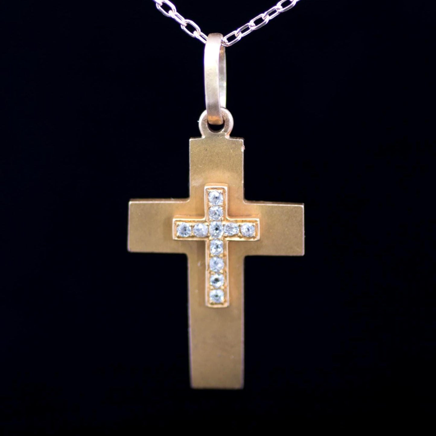 Antique Gold Diamond Set Cross Pendant. Old European Cut Diamonds. Solid 9ct Gold. Victorian, English.  (Chain Not Included)