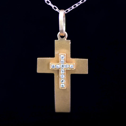 Antique Gold Diamond Set Cross Pendant. Old European Cut Diamonds. Solid 9ct Gold. Victorian, English.  (Chain Not Included)