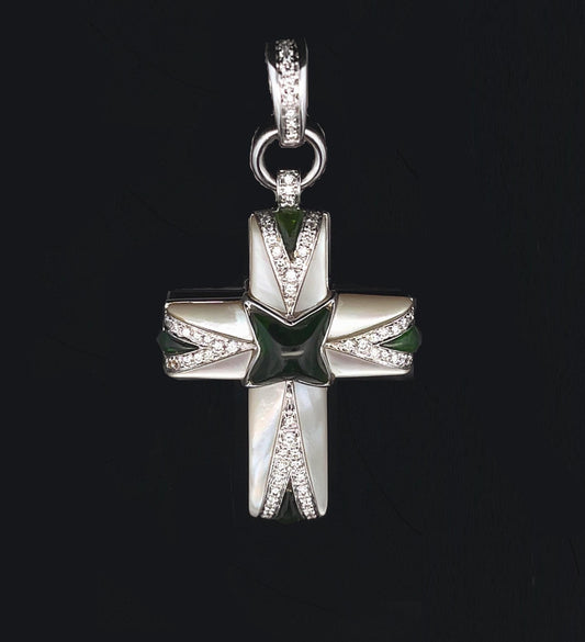 18ct White Gold Mappin and Webb, Tourmaline and Mother of Pearl Diamond Set Cross. Large Size. (CHAIN NOT INCLUDED).