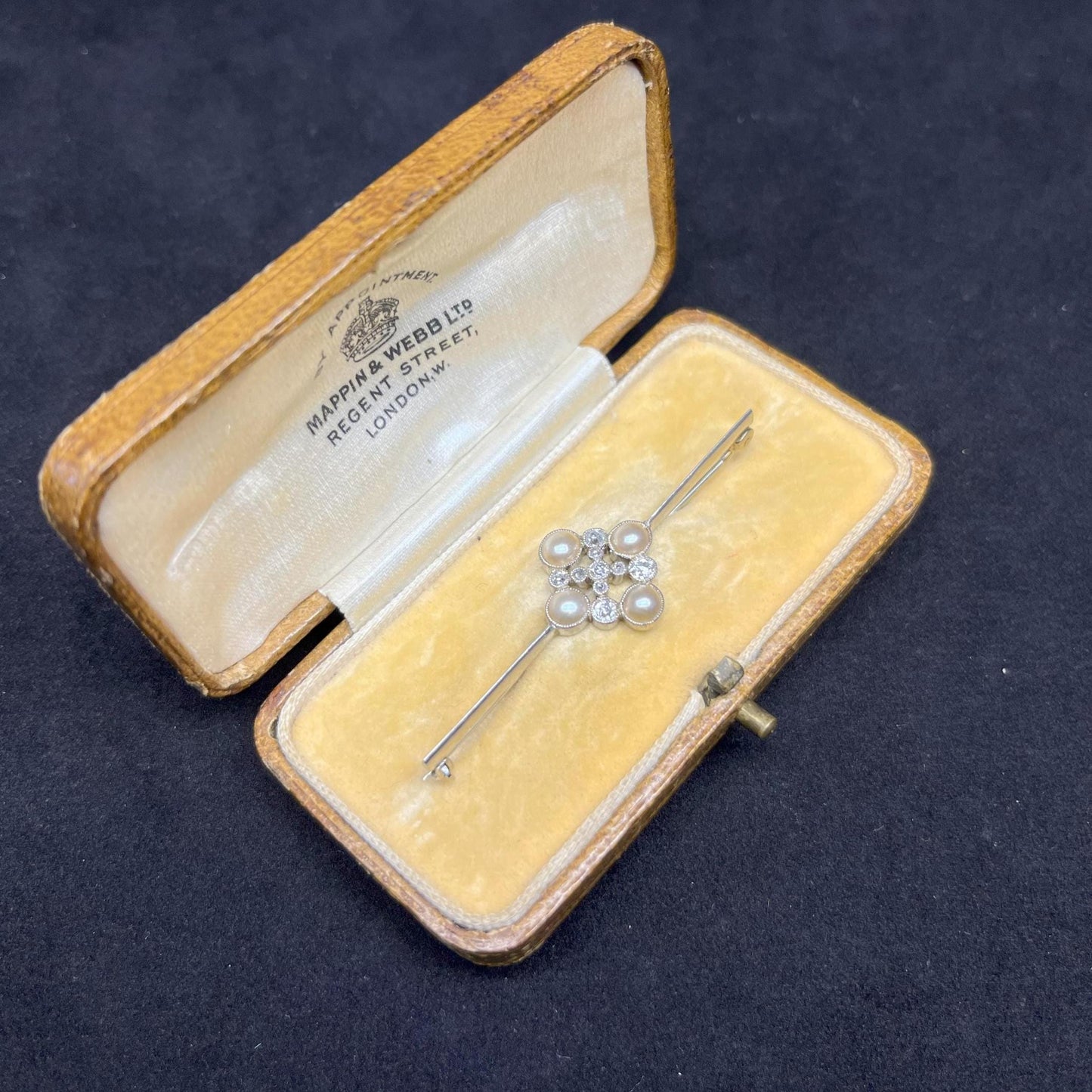 18ct White Gold, Old European Cut Diamond and Natural Split Pearl Brooch or Cravat Pin, Mappin and Webb, Original Case.