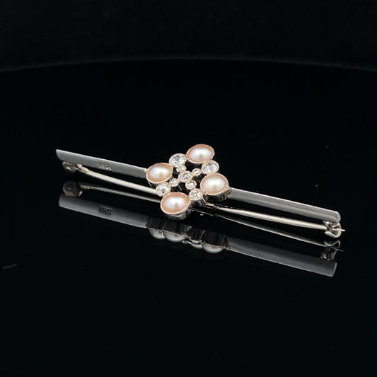 18ct White Gold, Old European Cut Diamond and Natural Split Pearl Brooch or Cravat Pin, Mappin and Webb, Original Case.