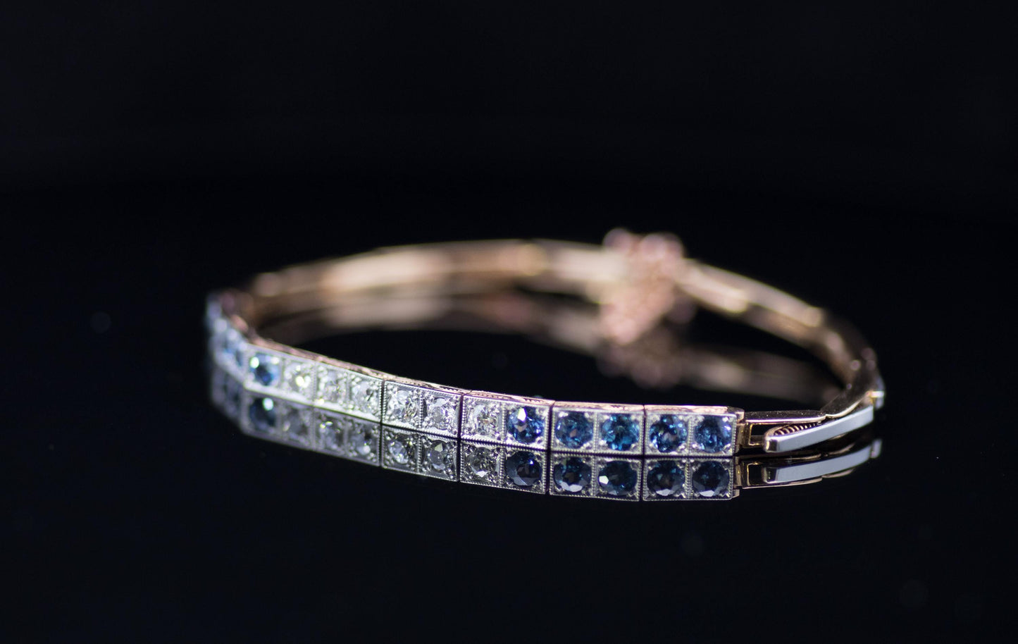 Antique Art Deco Sapphire and Diamond 18ct Gold and Platinum Articulated Bracelet. Tennis / Line Bracelet. Original fitted case