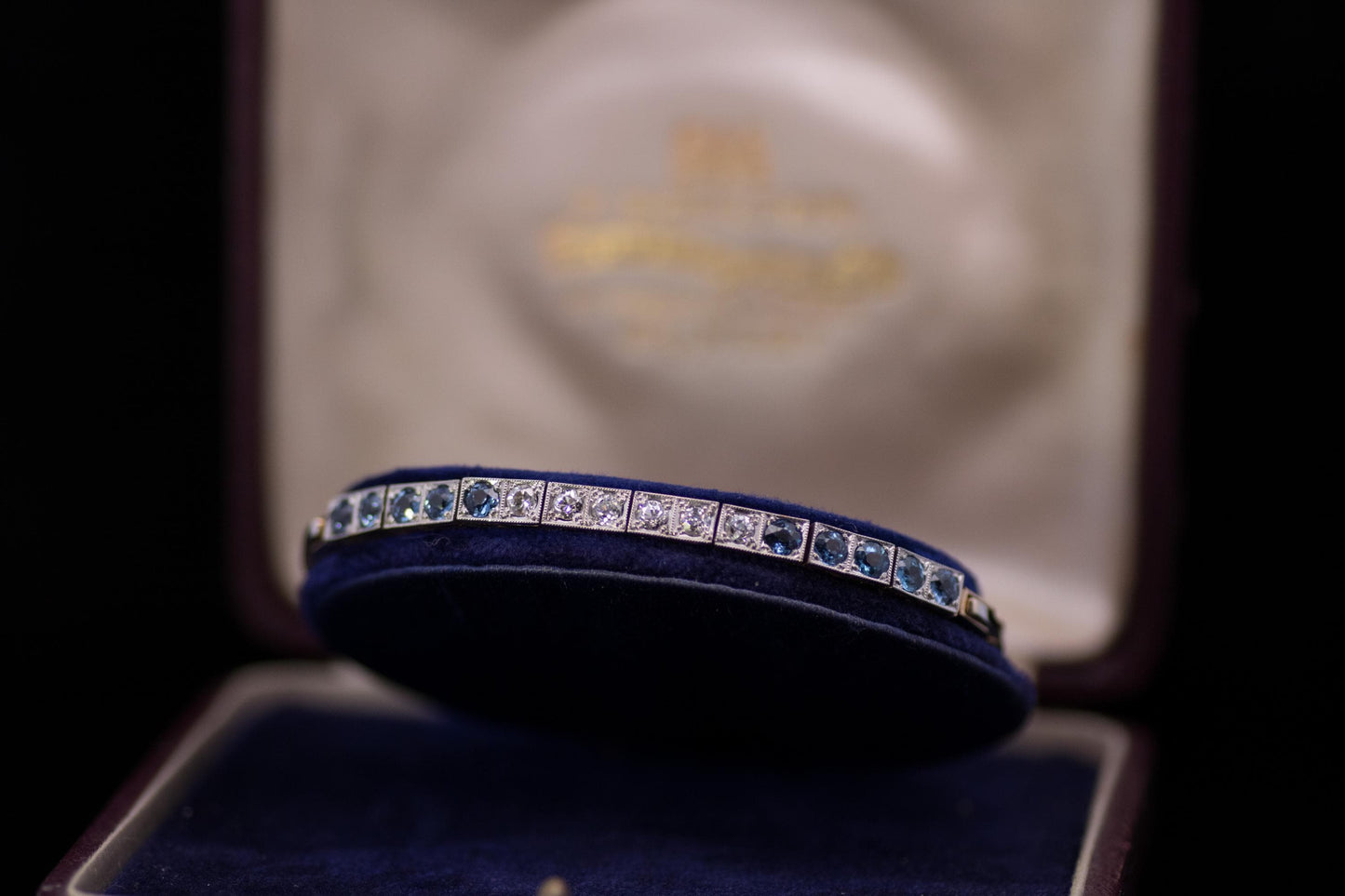 Antique Art Deco Sapphire and Diamond 18ct Gold and Platinum Articulated Bracelet. Tennis / Line Bracelet. Original fitted case