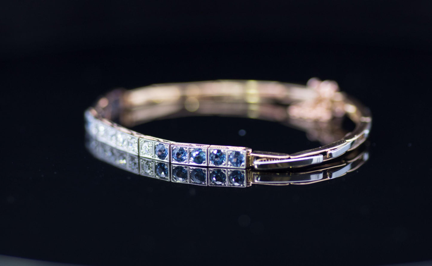 Antique Art Deco Sapphire and Diamond 18ct Gold and Platinum Articulated Bracelet. Tennis / Line Bracelet. Original fitted case
