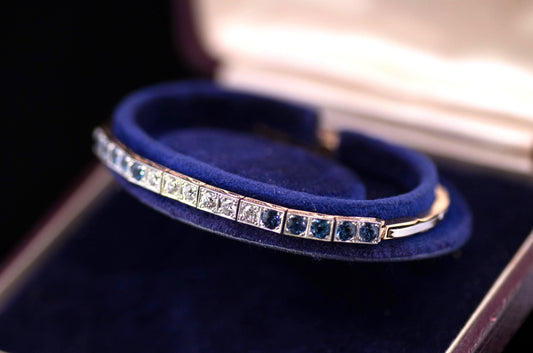 Antique Art Deco Sapphire and Diamond 18ct Gold and Platinum Articulated Bracelet. Tennis / Line Bracelet. Original fitted case