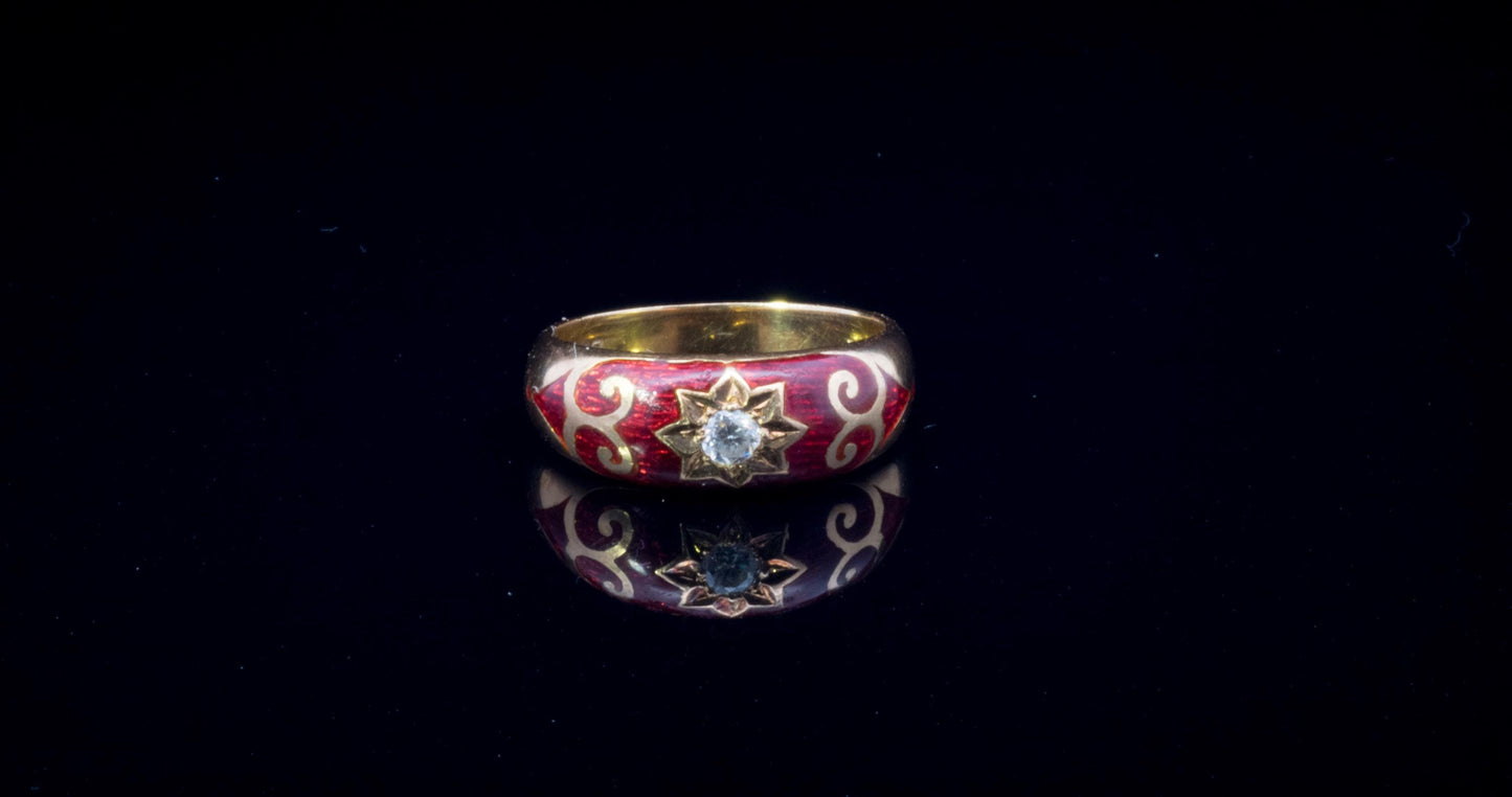 Vintage Diamond and Red Enamel Star Set 18ct Gold Gypsy Ring.  Gypsy Wedding Ring.