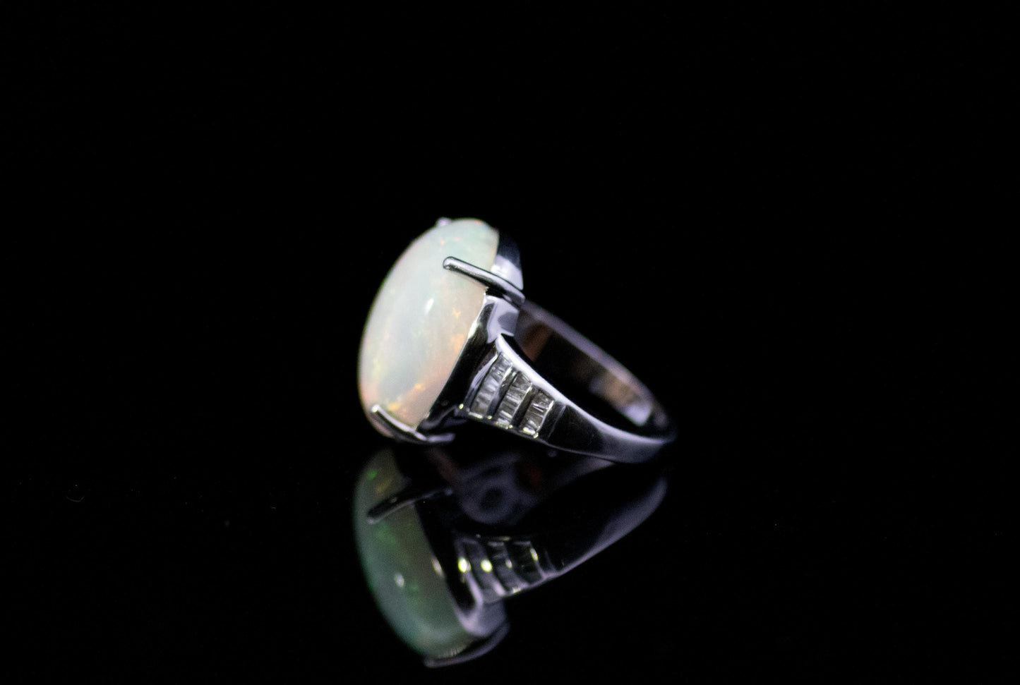 Vintage Platinum, Large 12 Carat Opal & Baguette Diamonds Ring. Superb Heavy Mount.