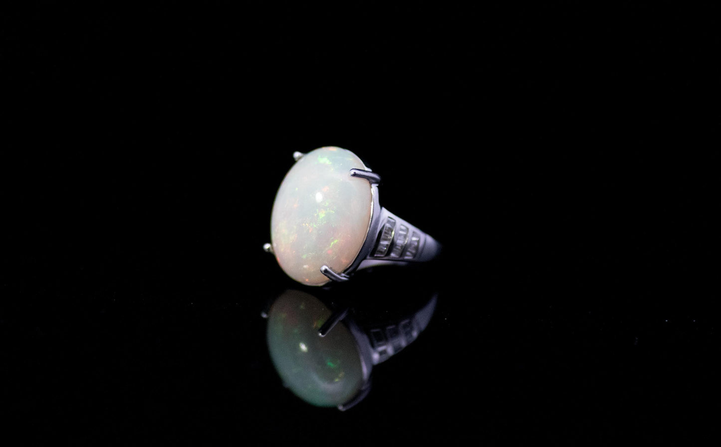 Vintage Platinum, Large 12 Carat Opal & Baguette Diamonds Ring. Superb Heavy Mount.