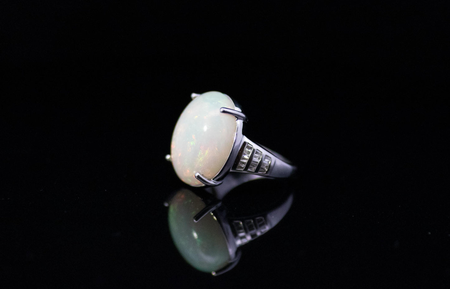 Vintage Platinum, Large 12 Carat Opal & Baguette Diamonds Ring. Superb Heavy Mount.