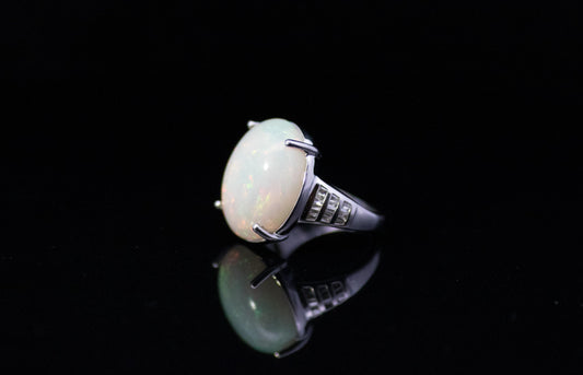 Vintage Platinum, Large 12 Carat Opal & Baguette Diamonds Ring. Superb Heavy Mount.