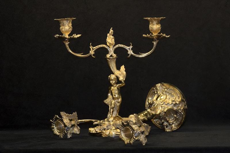 Vintage Silver-Gilt Candelabra Pair, Elizabeth II, Rococo Style