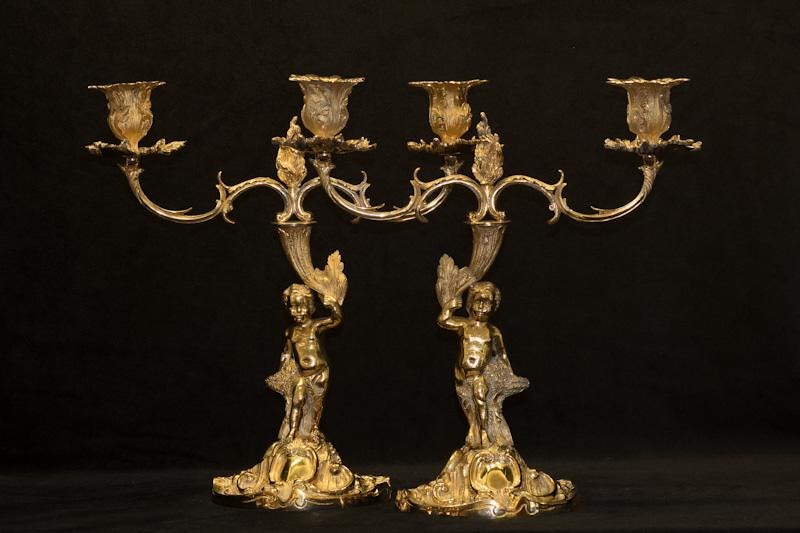 Vintage Silver-Gilt Candelabra Pair, Elizabeth II, Rococo Style