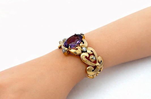 Magnificent 18ct Gold Vintage Amethyst and Diamond Victorian / Georgian  Style Bangle. 63grams, 28ct.